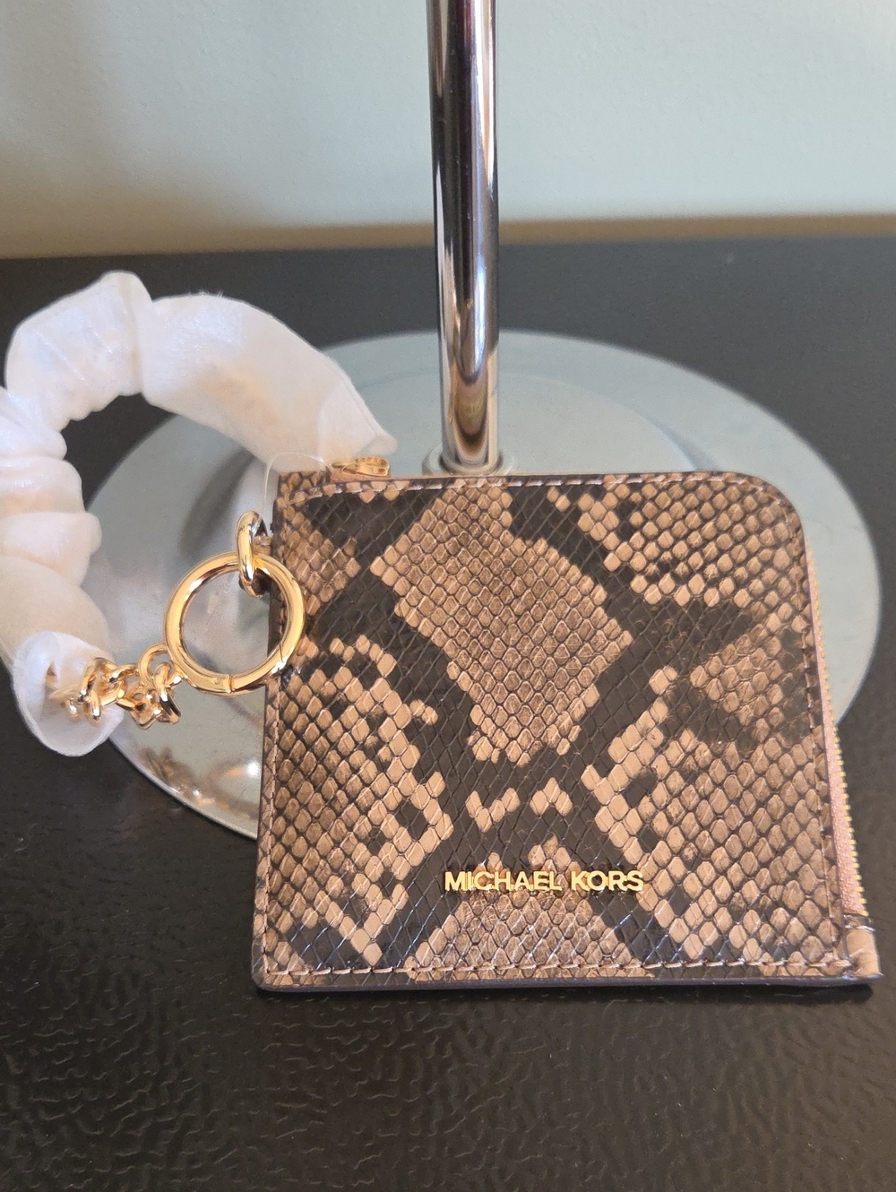 Michael Kors Taupe and Black Snake-Print Zip Card Case with Gold Hardware